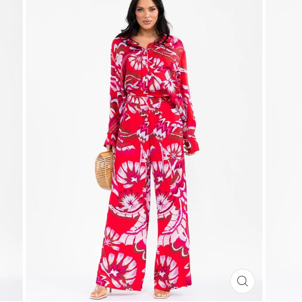 098. Vibrant. 2pc set MULTI PRINT WIDE LEG PALAZZO PANTS with Blouse %100 Model - Picture 2 of 4